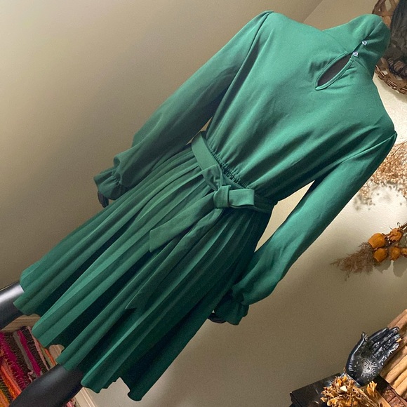 Elegant Green Long Sleeve Pleated Dress - Picture 7 of 12